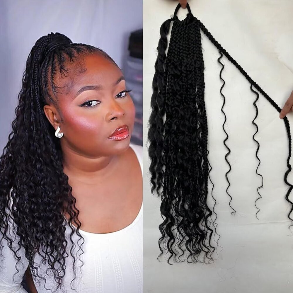 Goddess Box Braid Ponytail Extensions Synthetic Soft Natural Black 24 inch